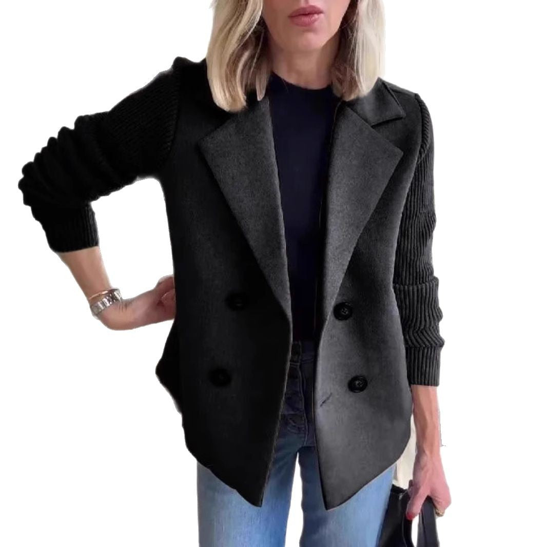 Double Breasted Lapel Jacket Fashion Knitted Sleeves Splicing Design Coat Outerwear Women's Clothing