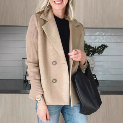 Double Breasted Lapel Jacket Fashion Knitted Sleeves Splicing Design Coat Outerwear Women's Clothing