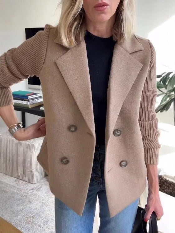 Double Breasted Lapel Jacket Fashion Knitted Sleeves Splicing Design Coat Outerwear Women's Clothing